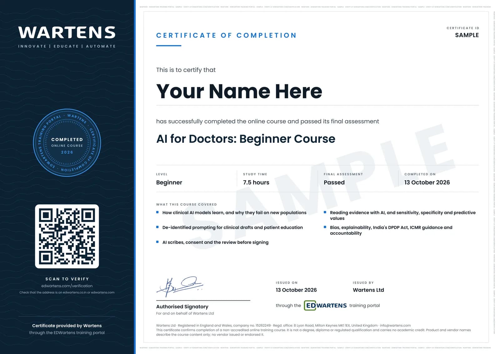 Sample Wartens Certificate of Completion for AI for Doctors: Clinical Notes, Research and Safe Use, issued through the EDWartens training portal