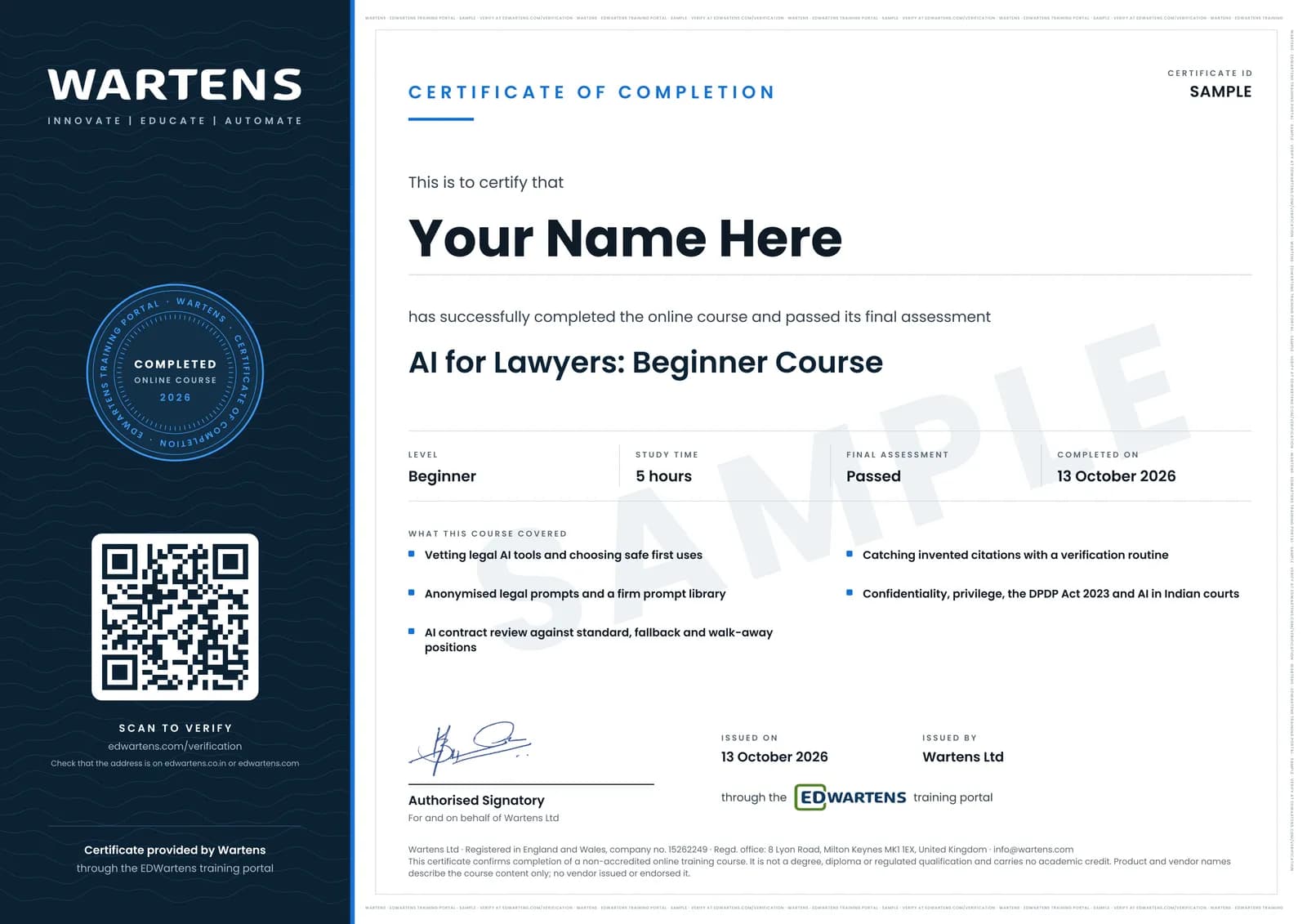 Sample Wartens Certificate of Completion for AI for Lawyers and Legal Teams: Research, Drafting and Contract Review, Safely, issued through the EDWartens training portal
