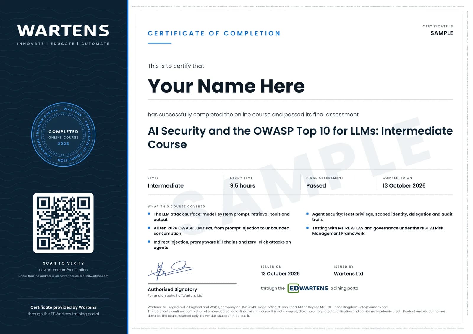 Sample Wartens Certificate of Completion for AI Security and the OWASP Top 10 for LLMs, issued through the EDWartens training portal