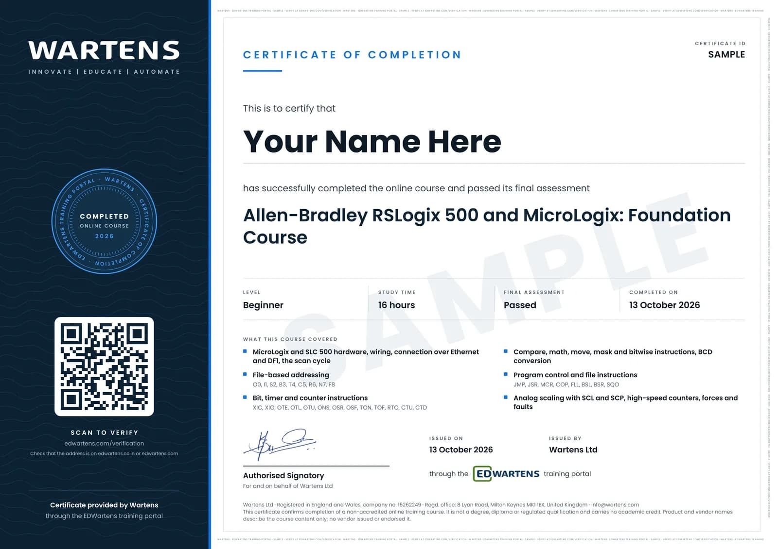 Sample Wartens Certificate of Completion for Allen-Bradley RSLogix 500 and MicroLogix, issued through the EDWartens training portal