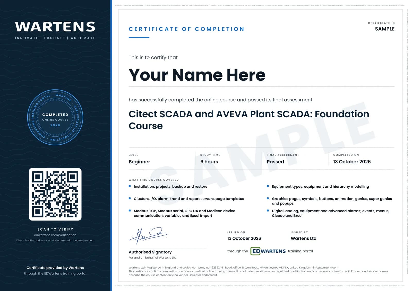 Sample Wartens Certificate of Completion for Citect SCADA and AVEVA Plant SCADA, issued through the EDWartens training portal