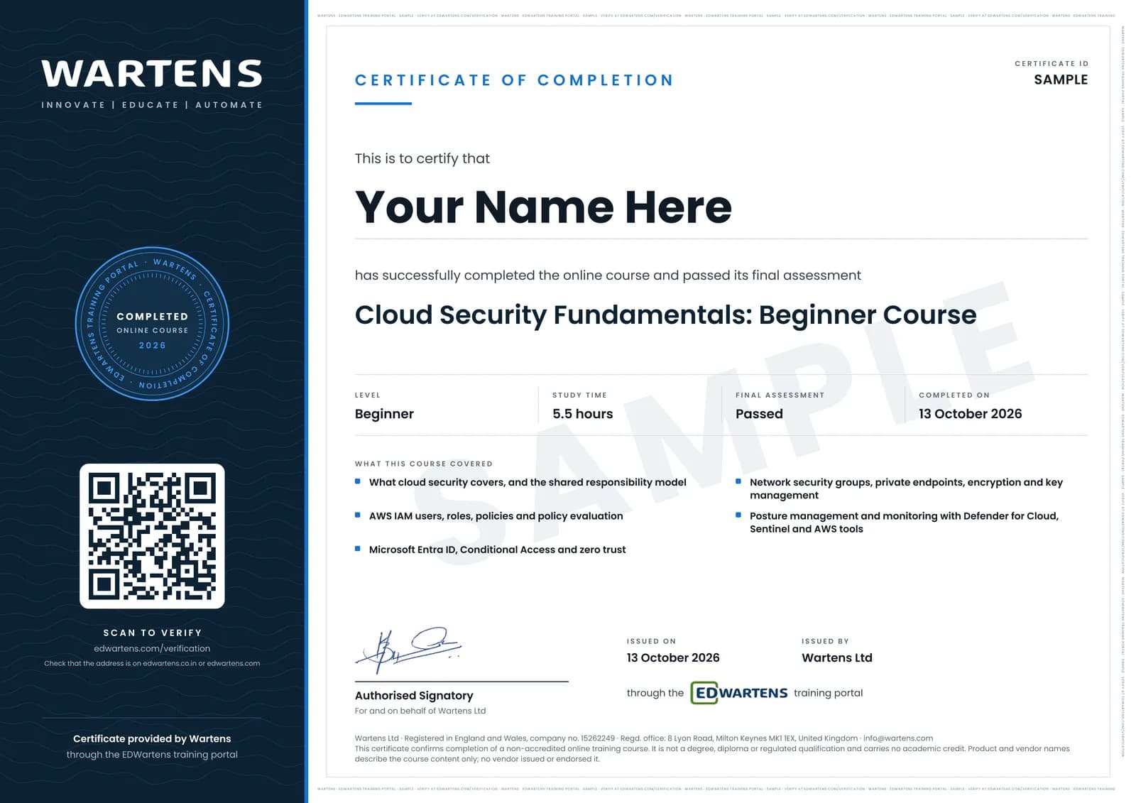 Sample Wartens Certificate of Completion for Cloud Security Fundamentals: AWS and Azure, issued through the EDWartens training portal