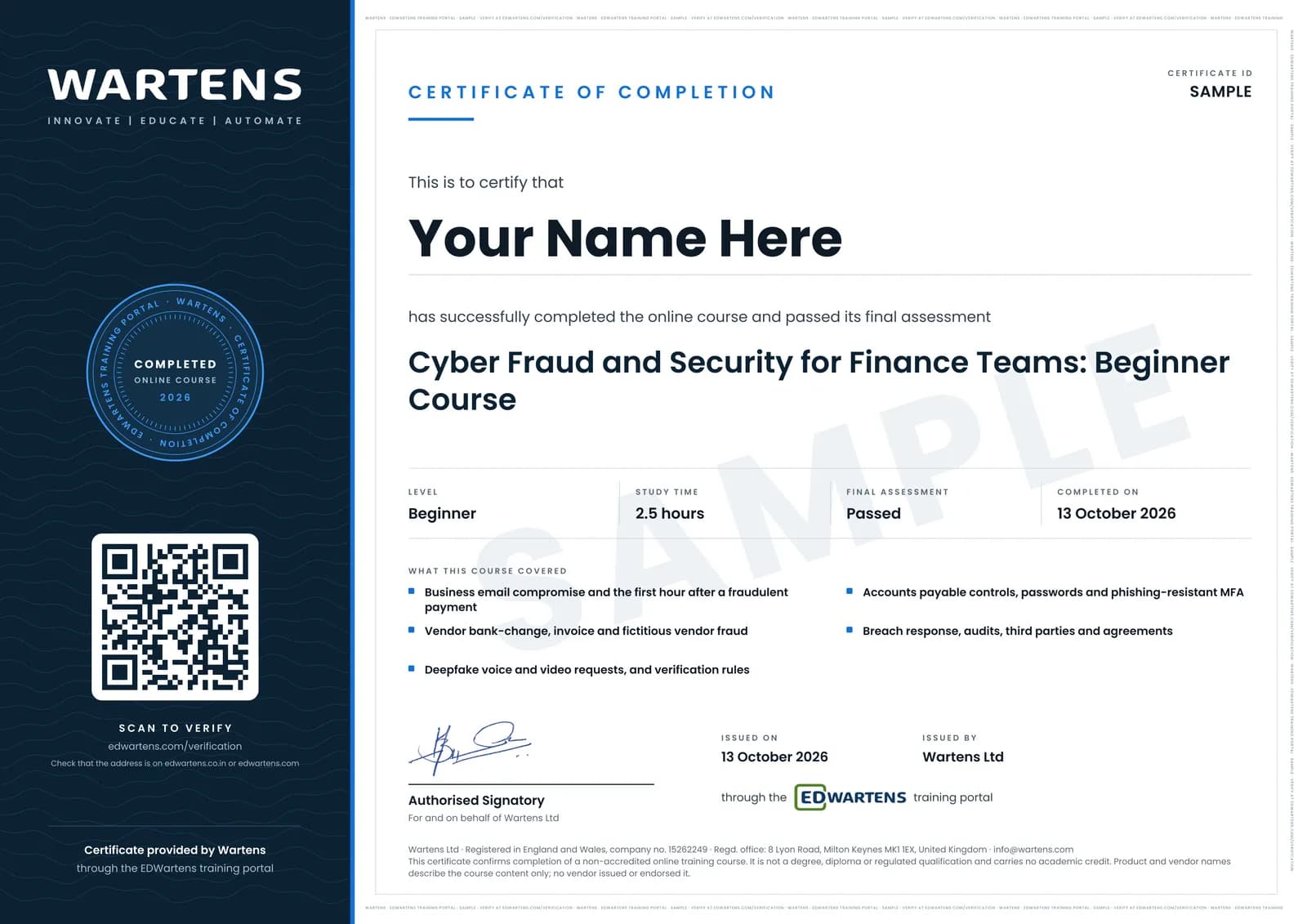 Sample Wartens Certificate of Completion for Cyber Fraud and Security for Finance Teams, issued through the EDWartens training portal