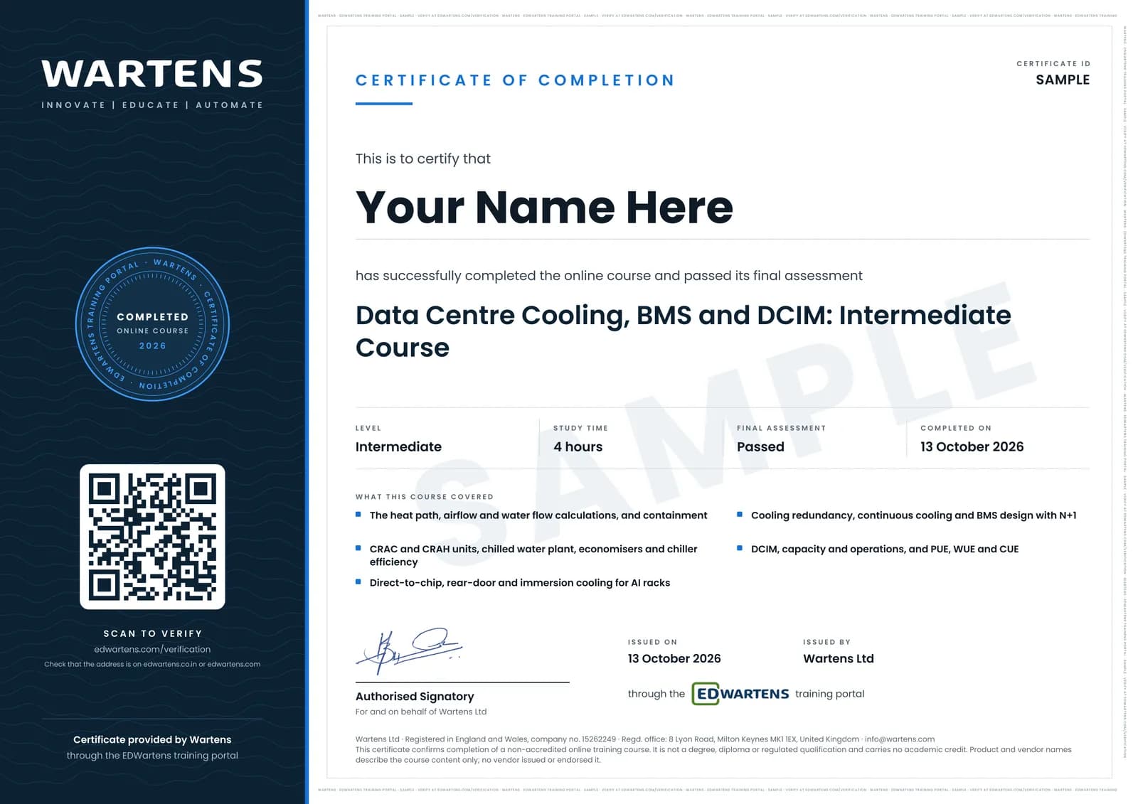Sample Wartens Certificate of Completion for Data Centre Cooling, BMS and DCIM, issued through the EDWartens training portal