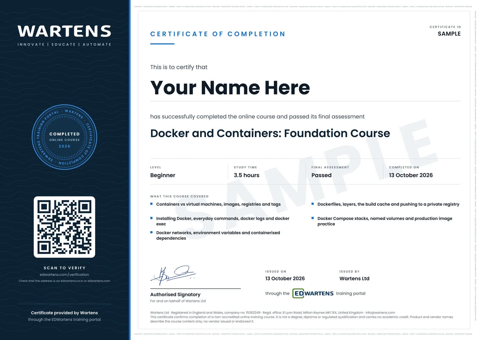 Sample Wartens Certificate of Completion for Docker and Containers for Automation Engineers, issued through the EDWartens training portal