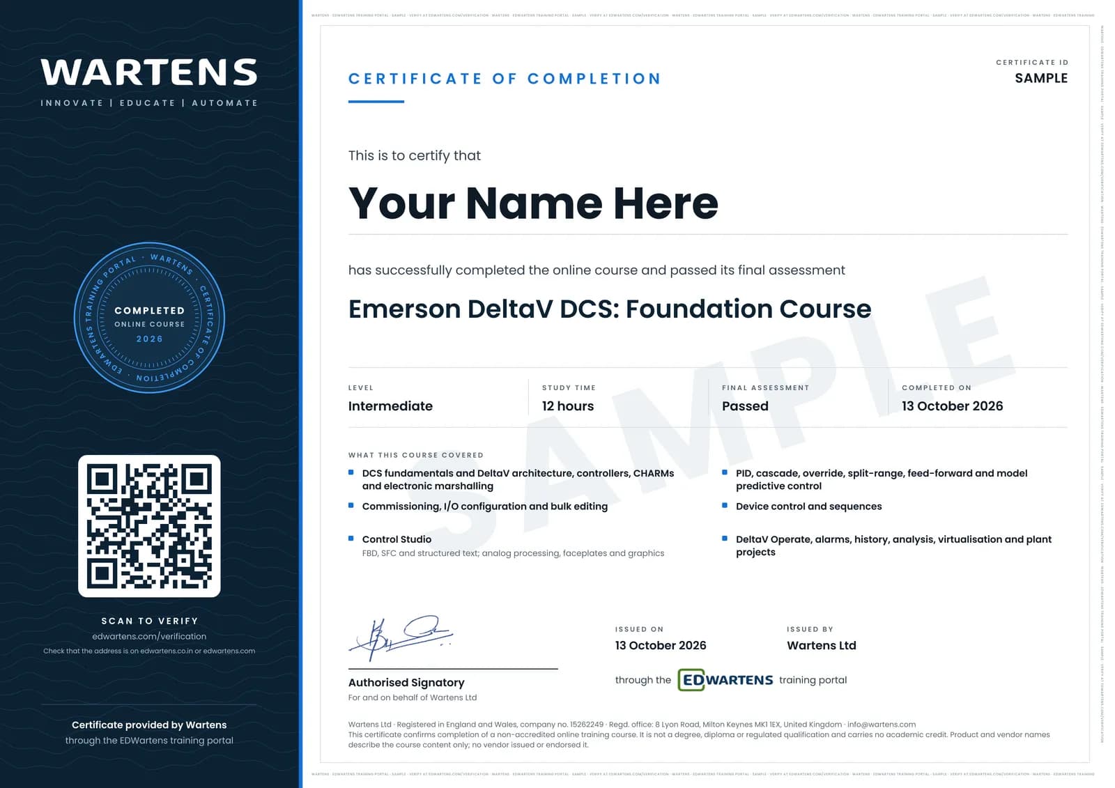 Sample Wartens Certificate of Completion for Emerson DeltaV DCS, issued through the EDWartens training portal