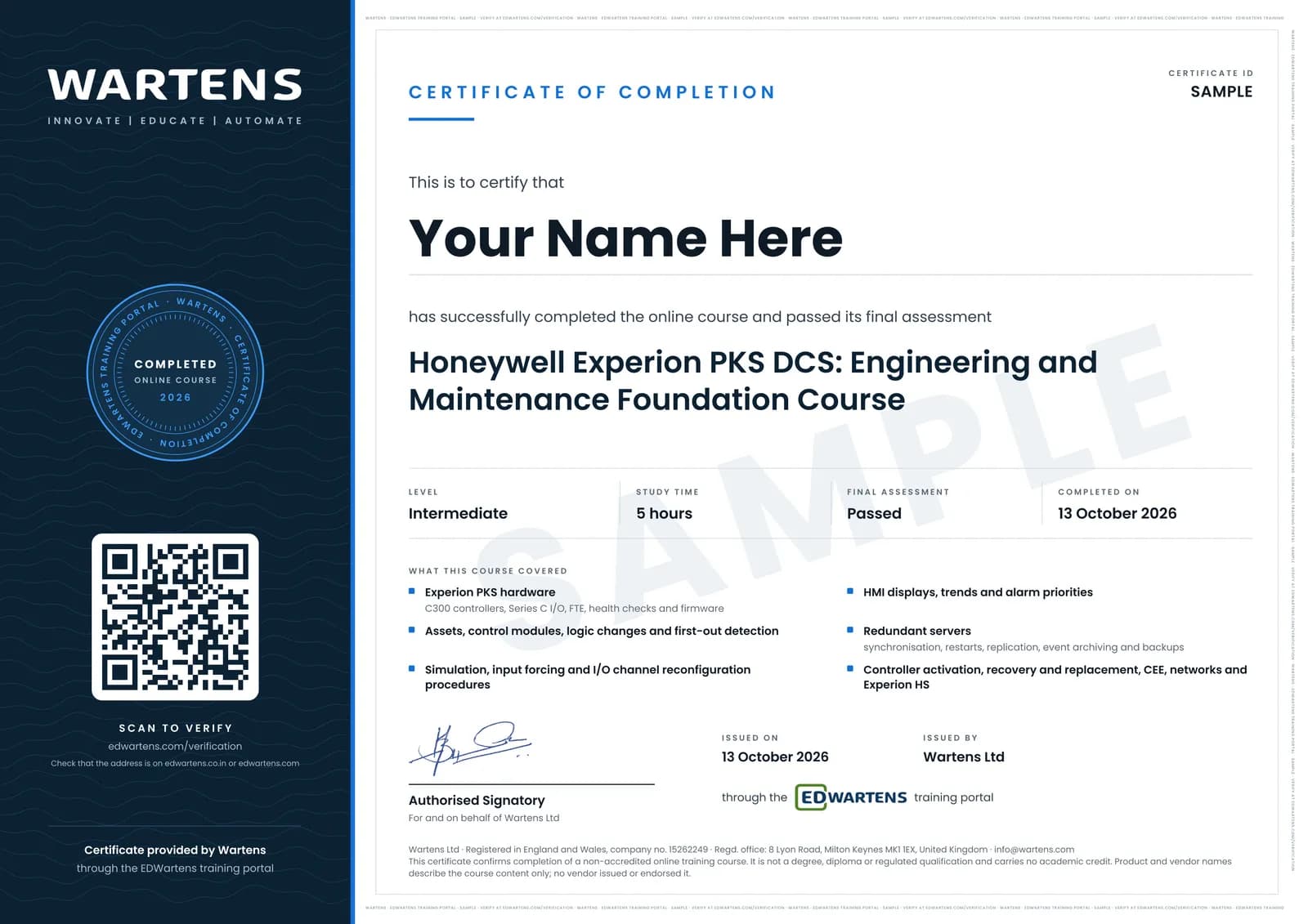 Sample Wartens Certificate of Completion for Honeywell Experion PKS DCS: Engineering and Maintenance, issued through the EDWartens training portal