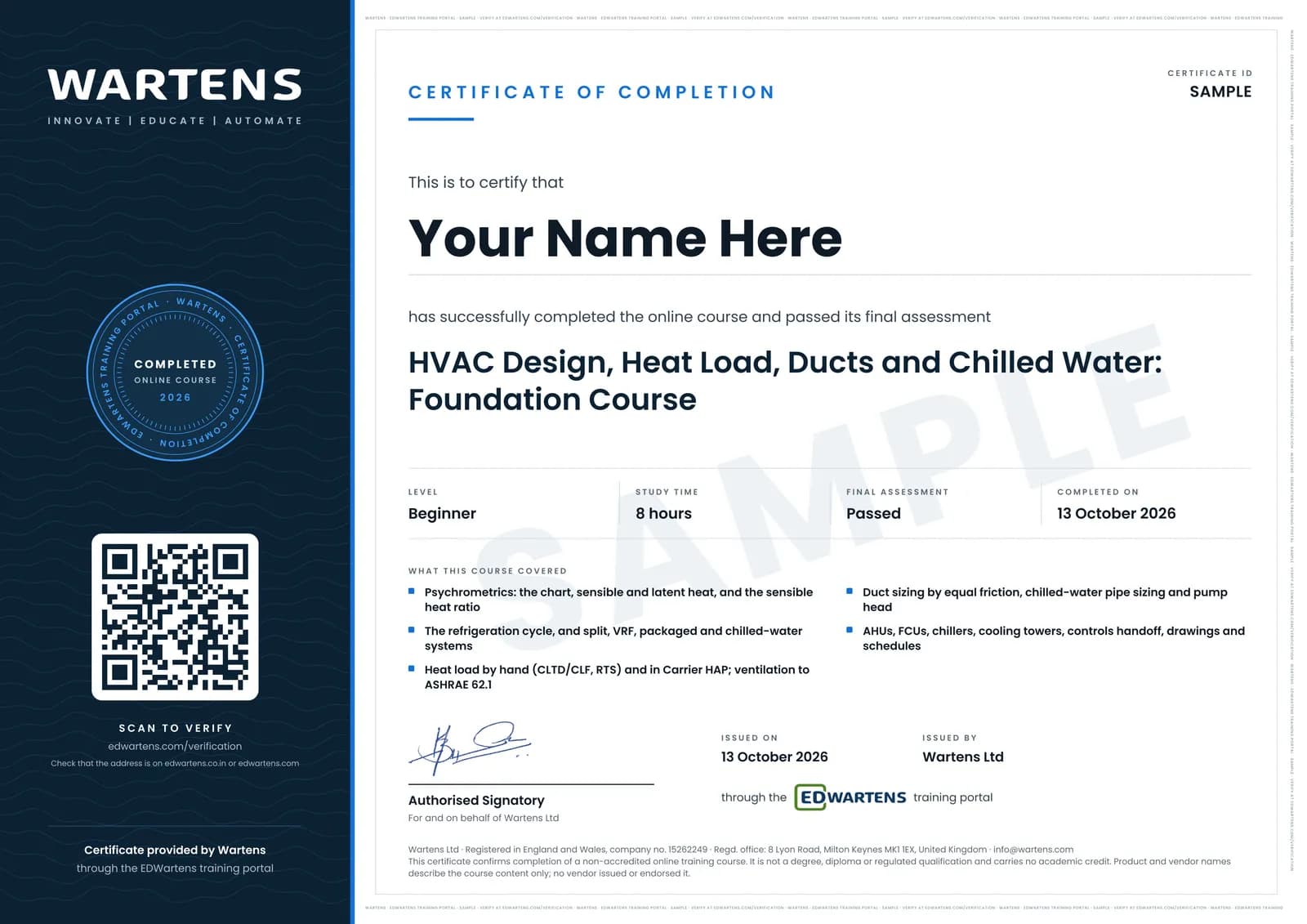 Sample Wartens Certificate of Completion for HVAC Design: Heat Load, Ducts and Chilled Water, issued through the EDWartens training portal
