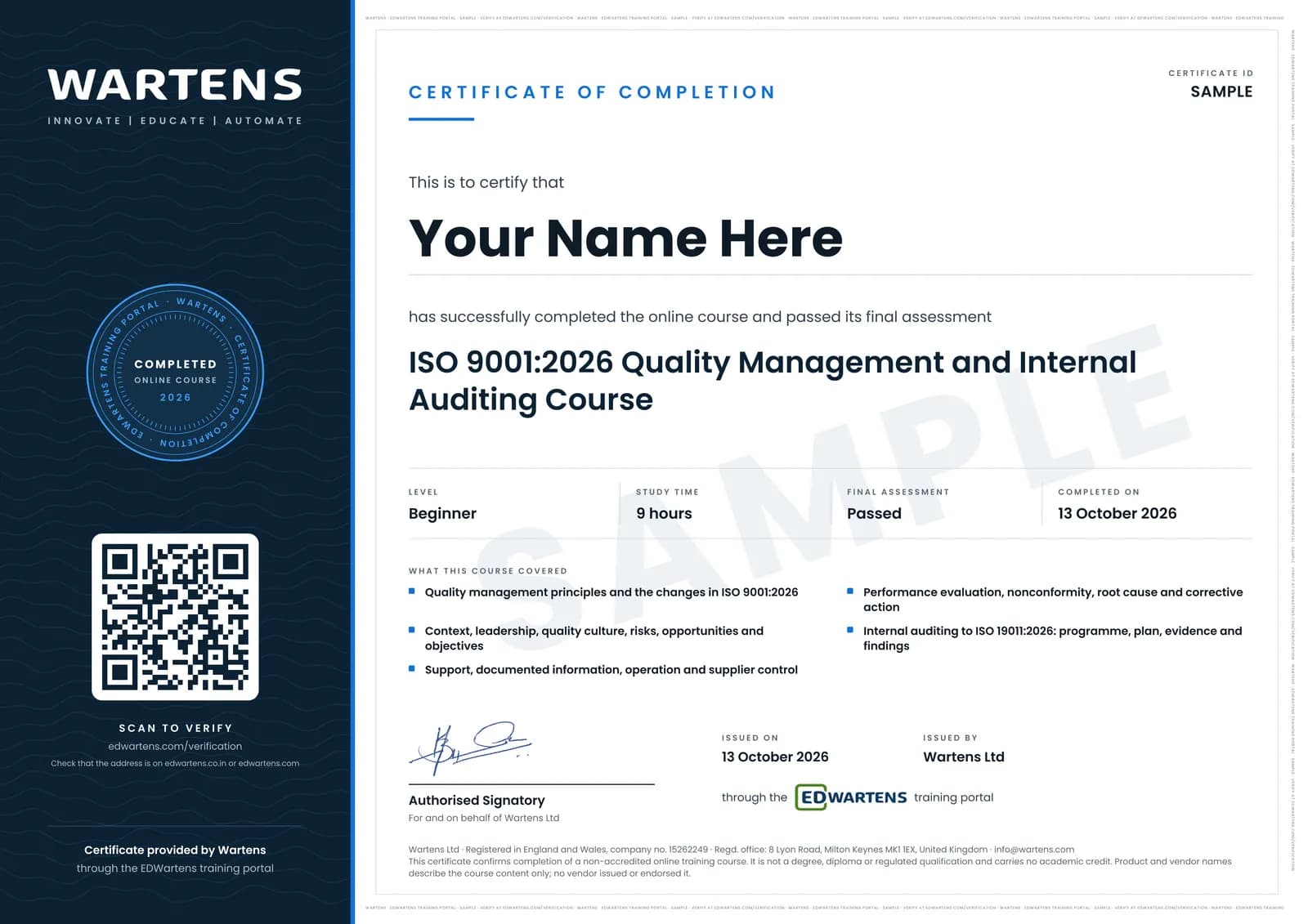 Sample Wartens Certificate of Completion for ISO 9001:2026 Quality Management and Internal Auditing, issued through the EDWartens training portal