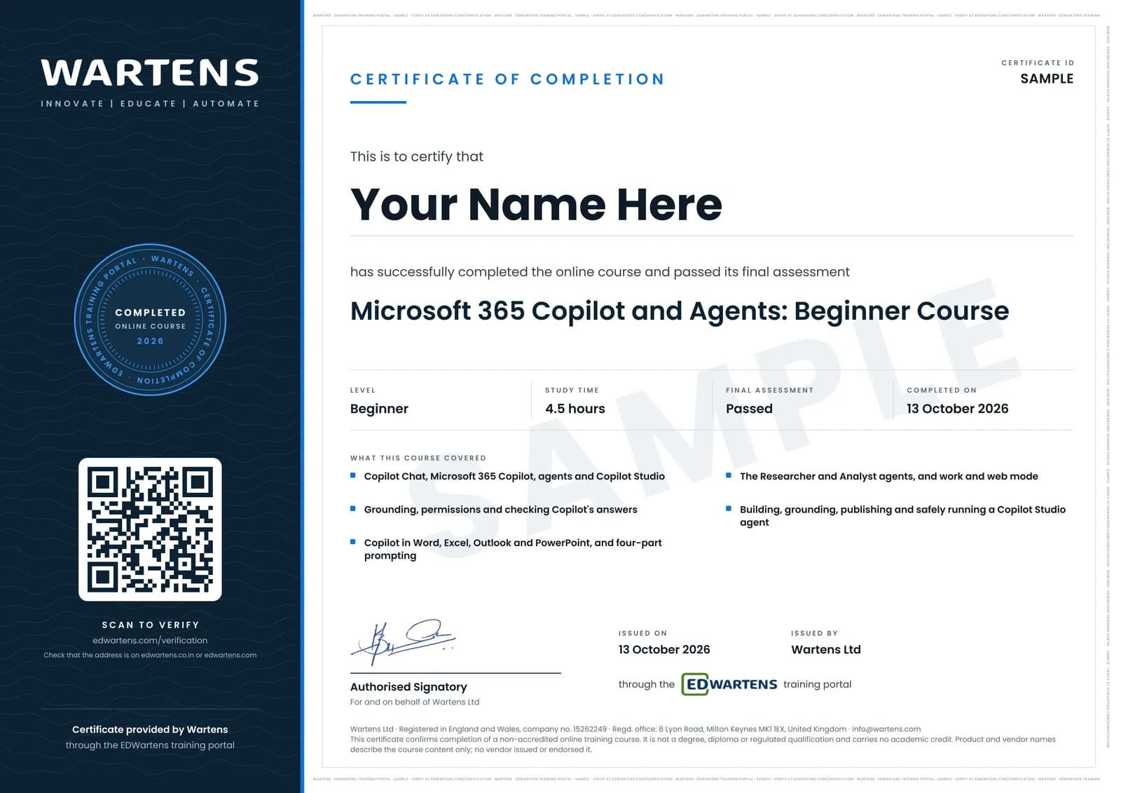 Sample Wartens Certificate of Completion for Microsoft 365 Copilot and Copilot Studio Agents, issued through the EDWartens training portal