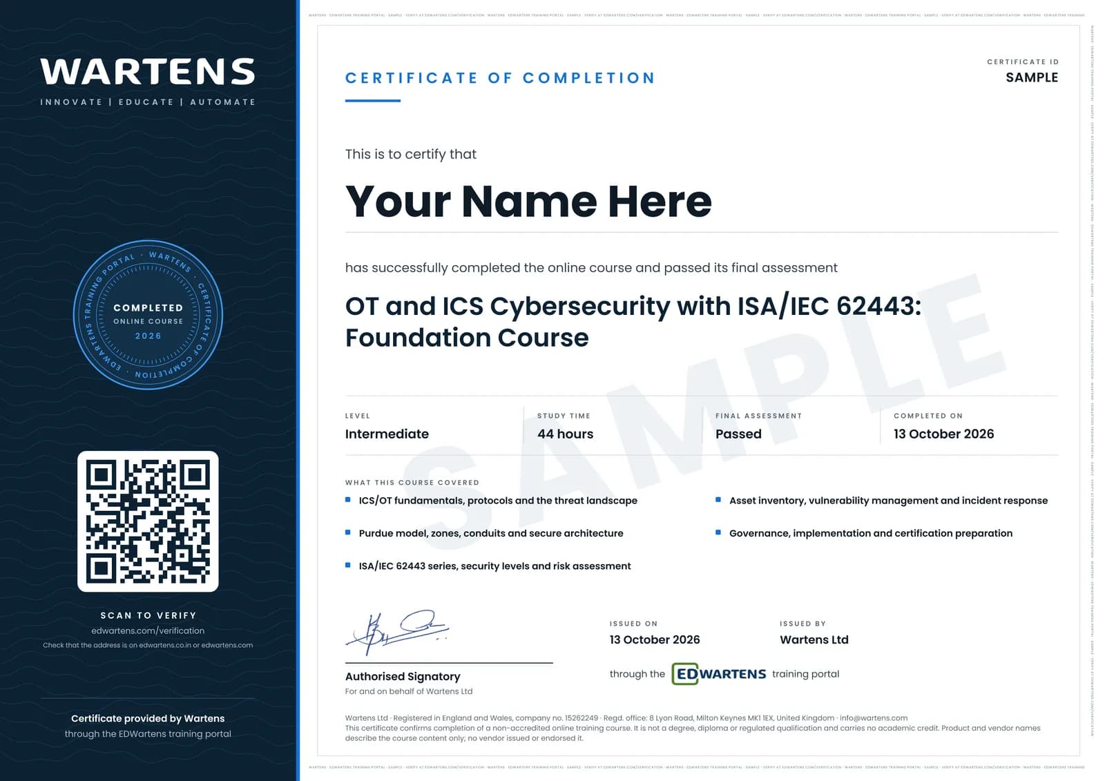 Sample Wartens Certificate of Completion for OT and ICS Cybersecurity with ISA/IEC 62443, issued through the EDWartens training portal