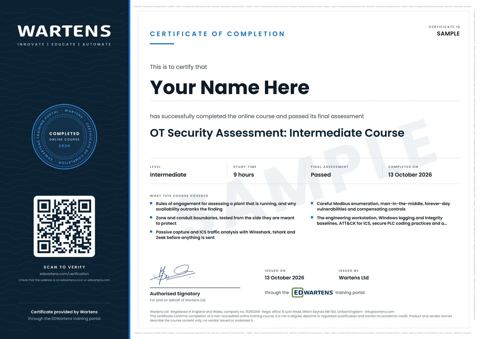 Sample Wartens Certificate of Completion for OT Security Assessment: Testing a Plant Without Stopping It, issued through the EDWartens training portal