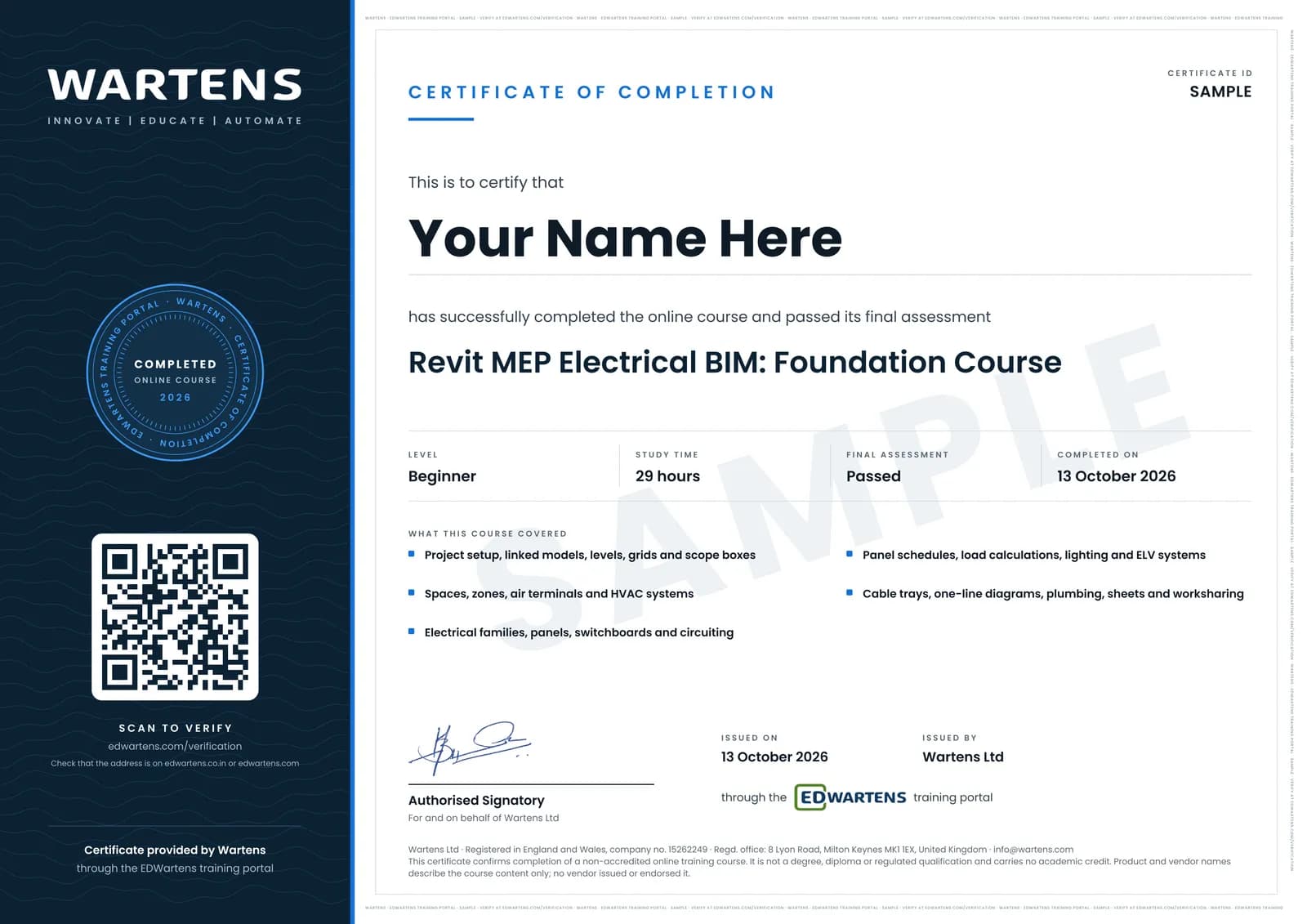 Sample Wartens Certificate of Completion for Revit MEP: Electrical BIM, HVAC, Plumbing and Documentation, issued through the EDWartens training portal