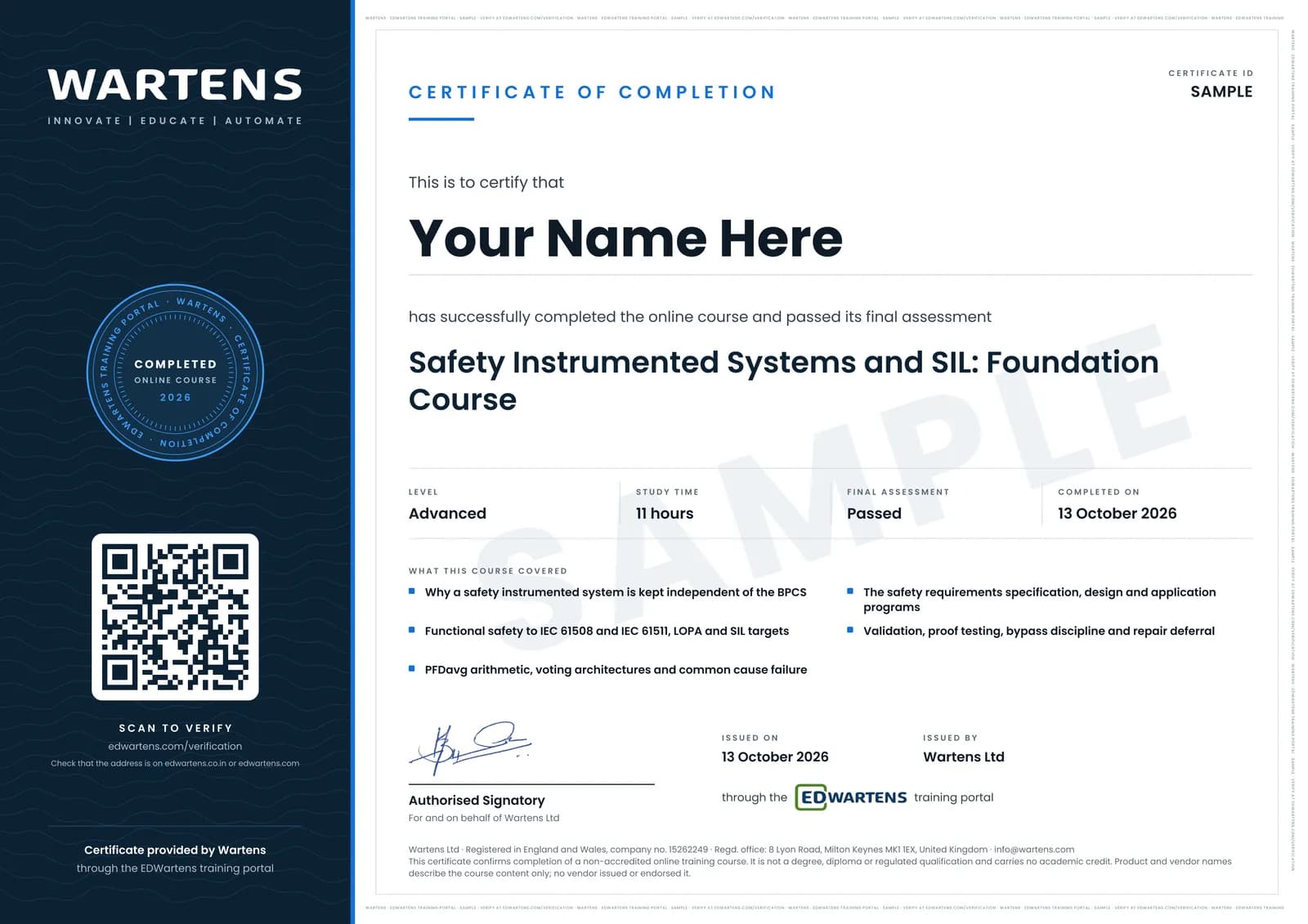 Sample Wartens Certificate of Completion for Safety Instrumented Systems and SIL to IEC 61511, issued through the EDWartens training portal