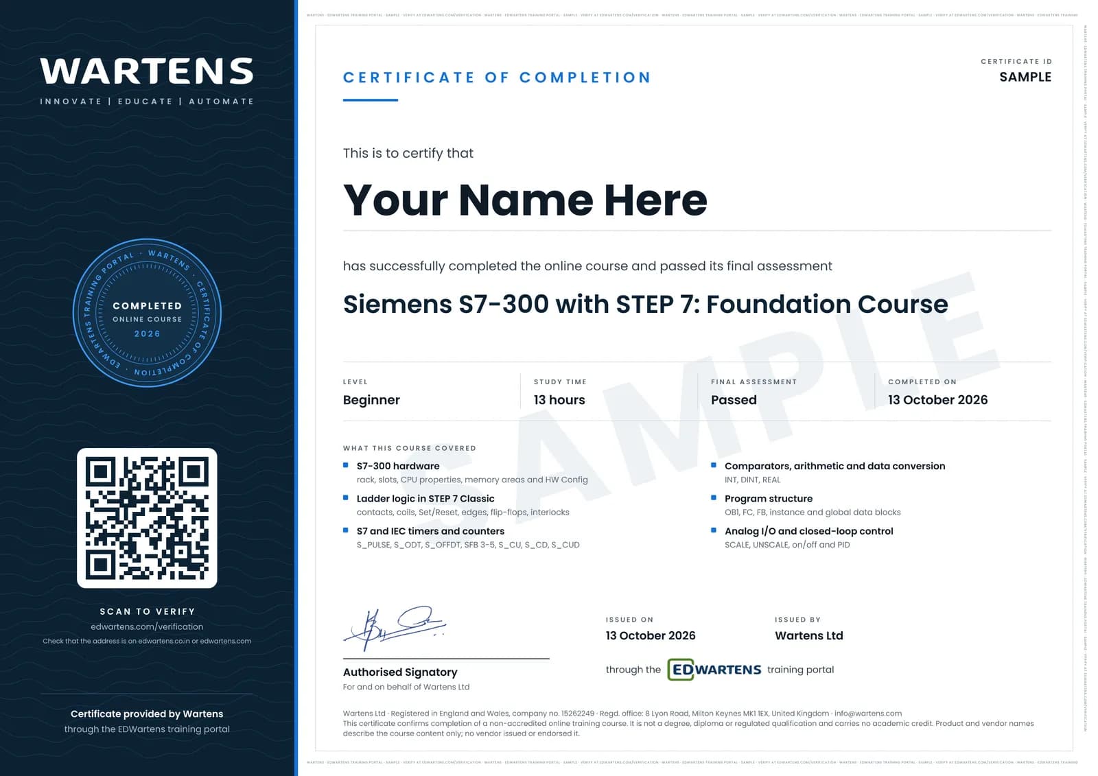 Sample Wartens Certificate of Completion for Siemens S7-300 with STEP 7, issued through the EDWartens training portal