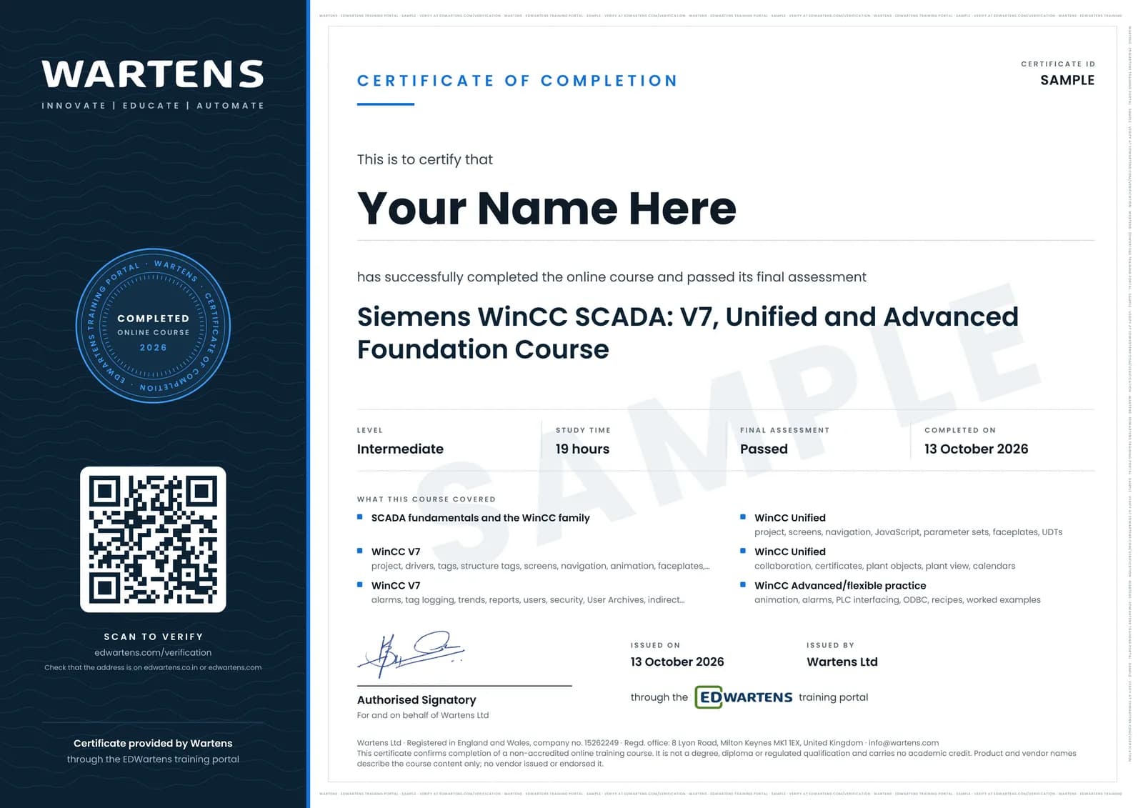 Sample Wartens Certificate of Completion for Siemens WinCC SCADA: V7, Unified and Advanced, issued through the EDWartens training portal