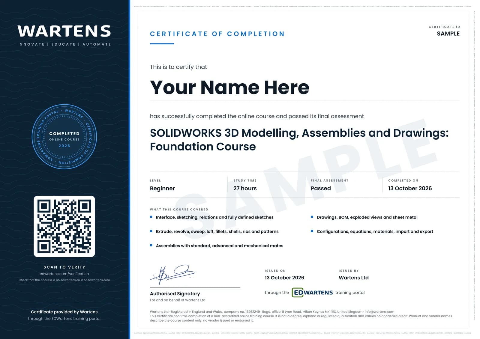 Sample Wartens Certificate of Completion for SOLIDWORKS 3D Modelling, Assemblies and Drawings, issued through the EDWartens training portal