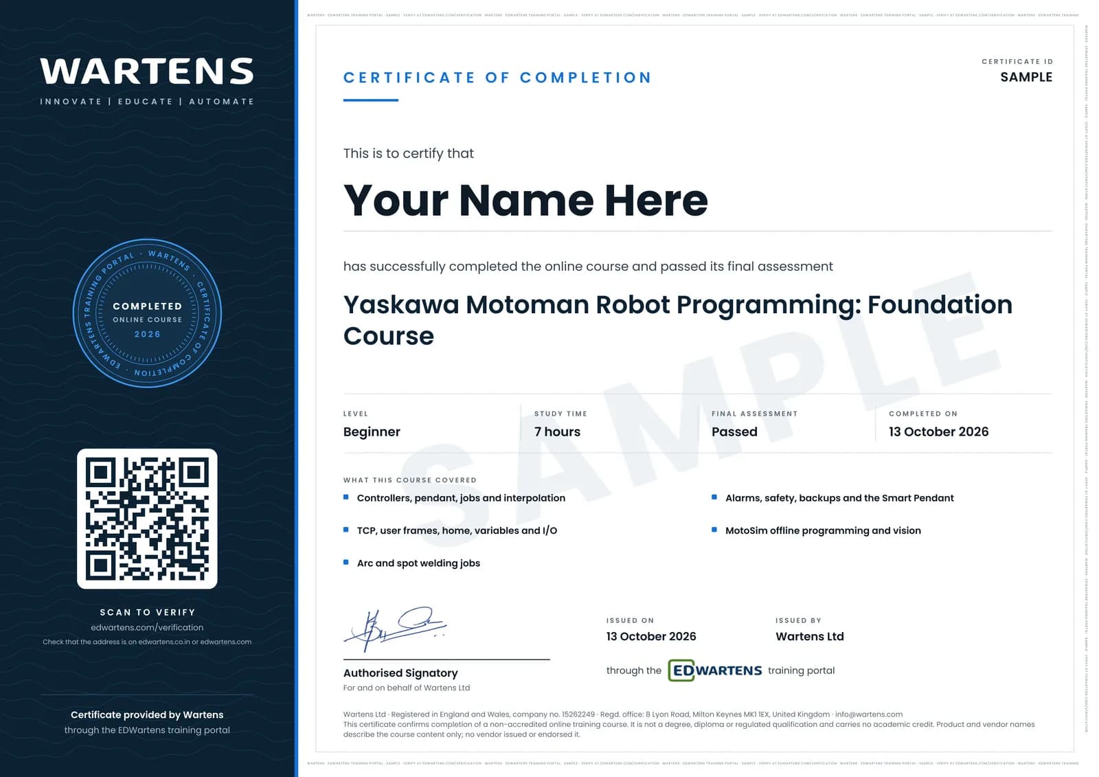 Sample Wartens Certificate of Completion for Yaskawa Motoman Robot Programming, issued through the EDWartens training portal
