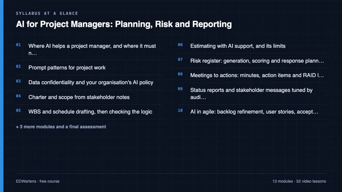 AI for Project Managers: Planning, Risk and Reporting: Syllabus at a glance