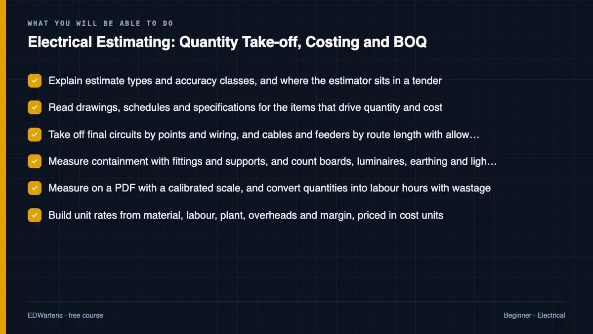 Electrical Estimating: Quantity Take-off, Costing and BOQ: What you will be able to do