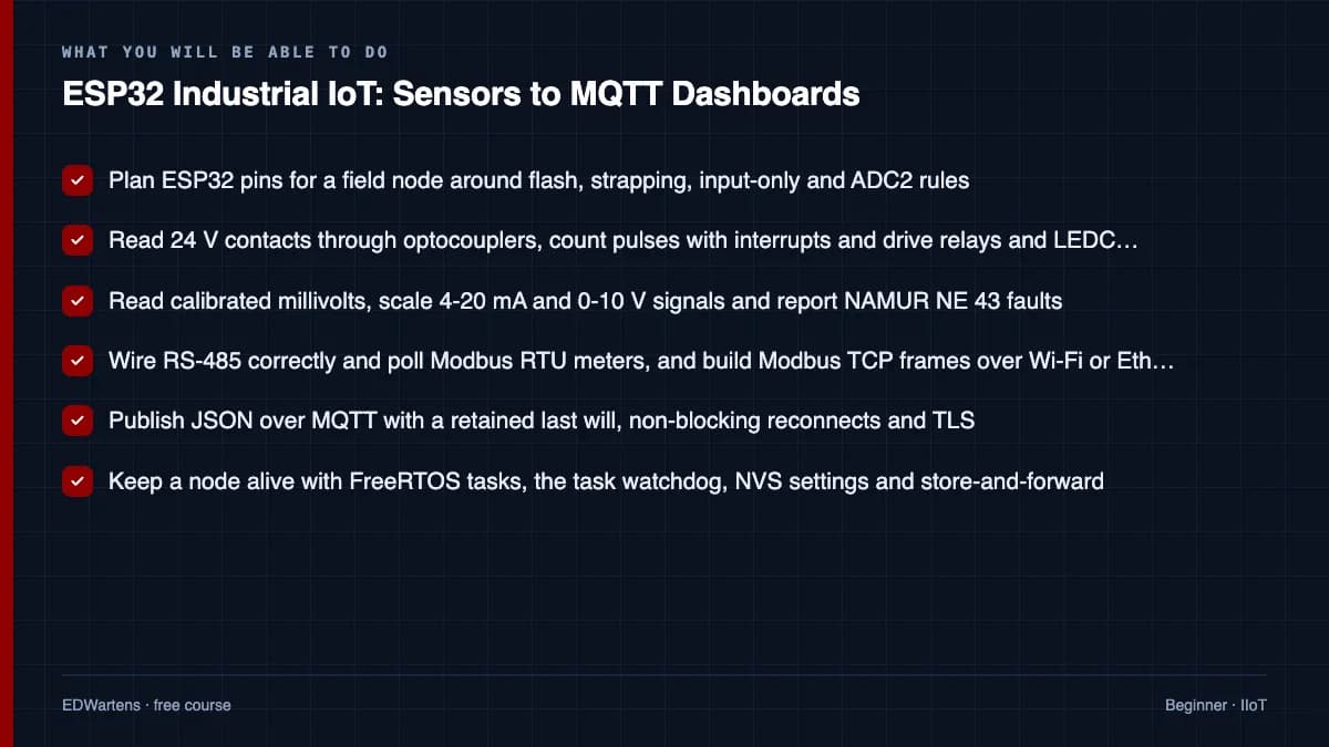 ESP32 Industrial IoT: Sensors to MQTT Dashboards: What you will be able to do
