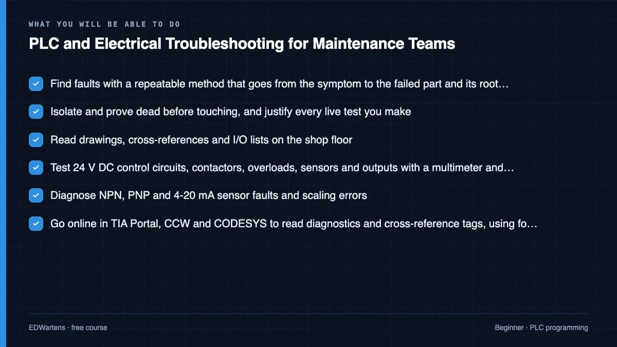PLC and Electrical Troubleshooting for Maintenance Teams: What you will be able to do