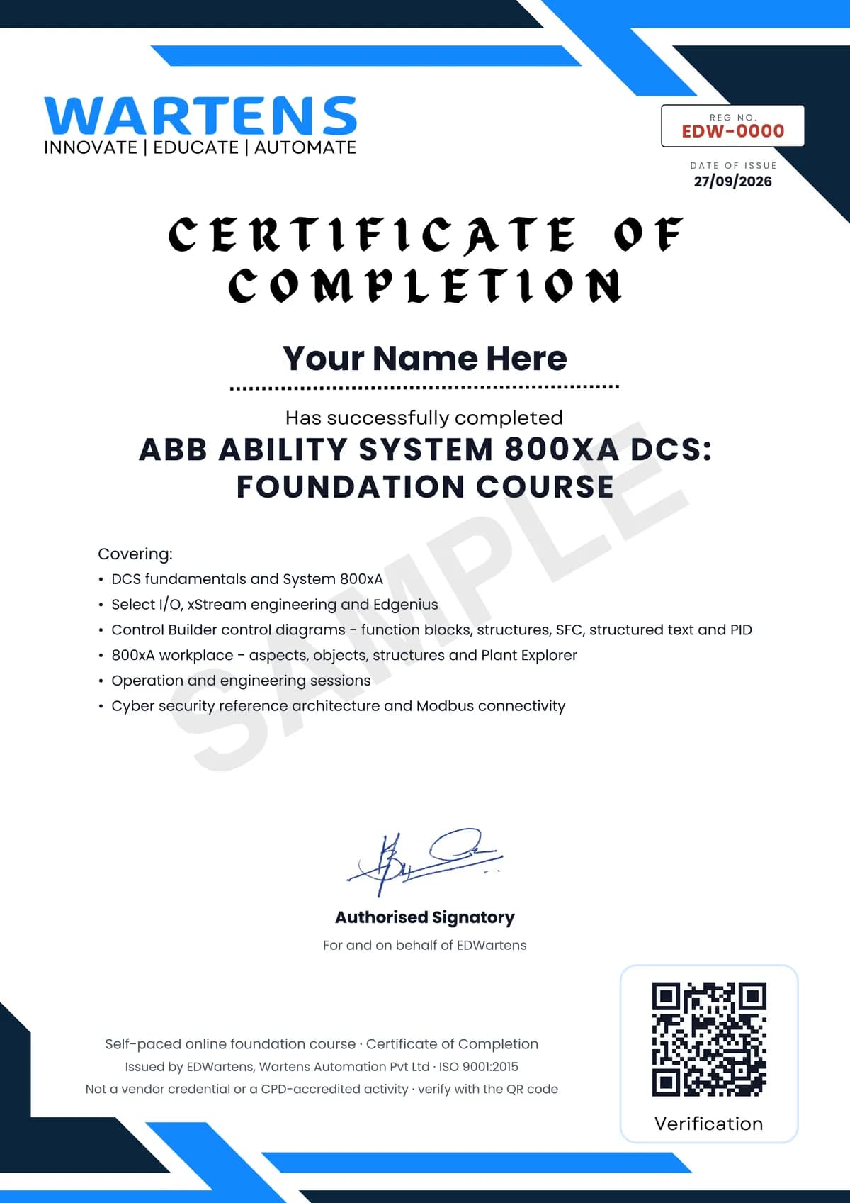 Sample EDWartens Certificate of Completion for ABB Ability System 800xA DCS