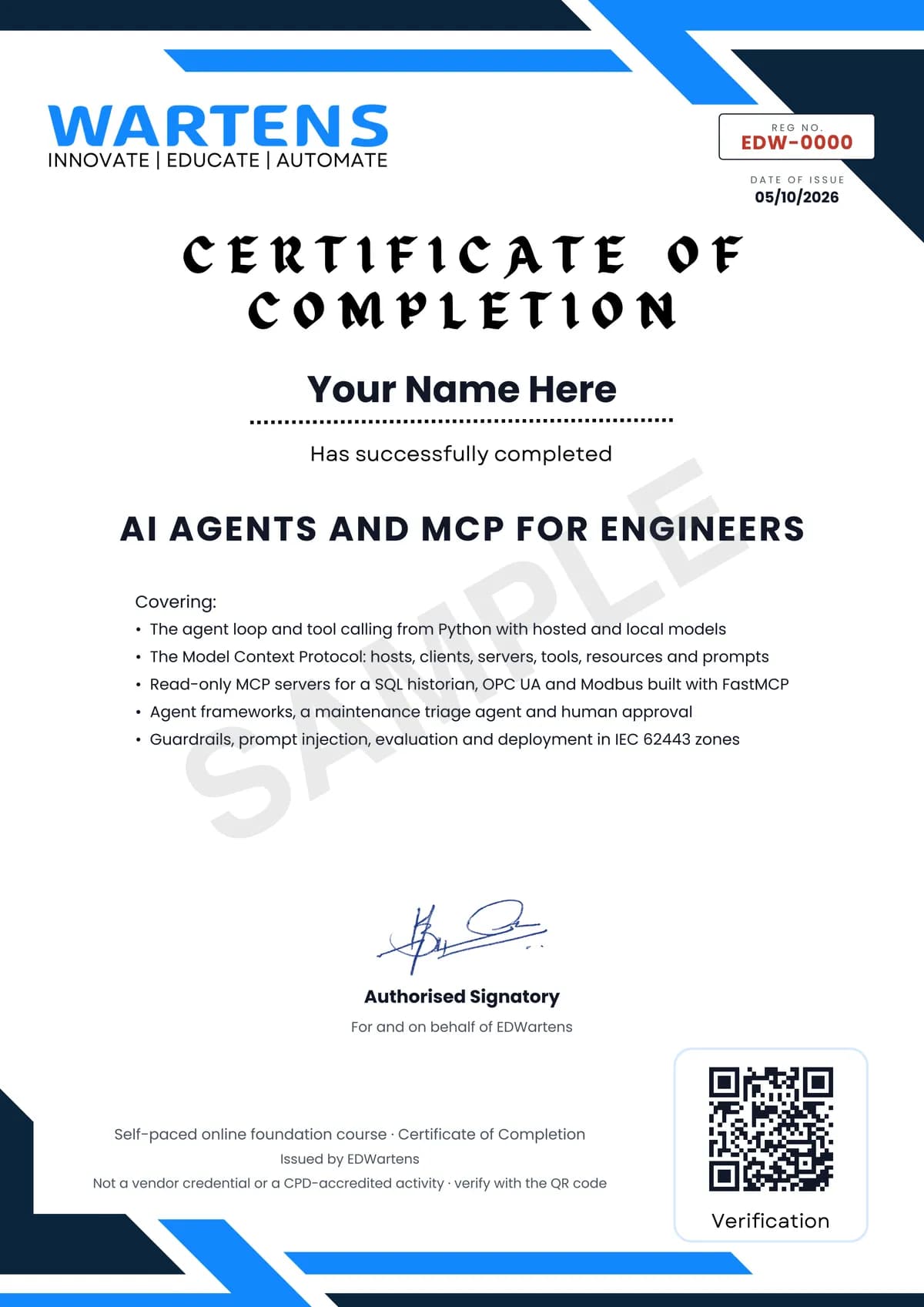 Sample EDWartens Certificate of Completion for AI Agents and MCP for Engineers