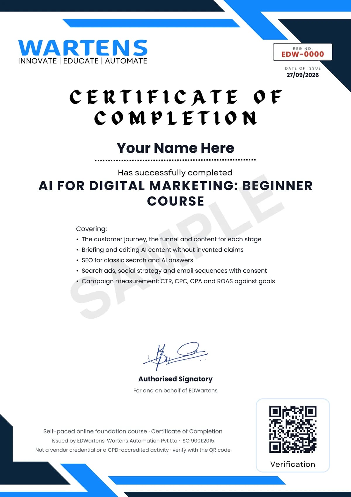 Sample EDWartens Certificate of Completion for AI for Digital Marketing and Social Media