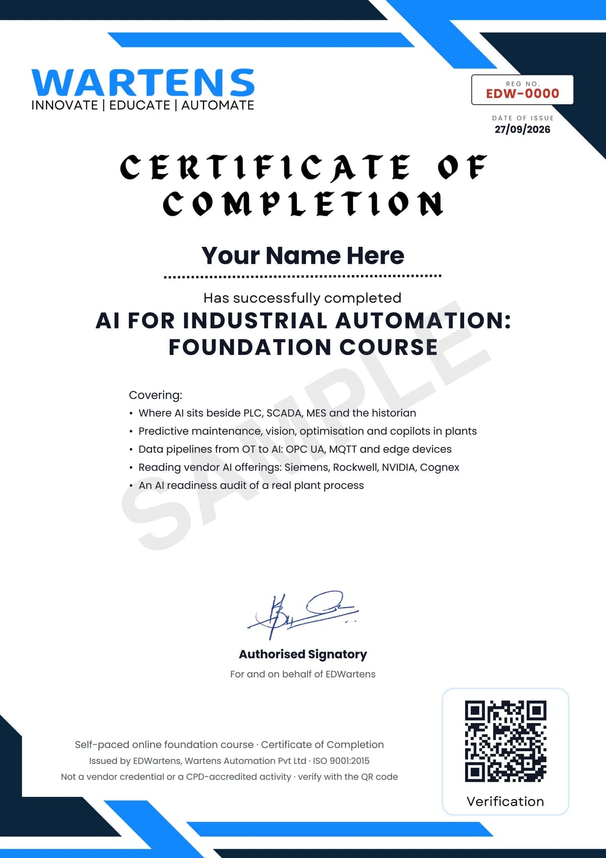 Sample EDWartens Certificate of Completion for AI for Industrial Automation