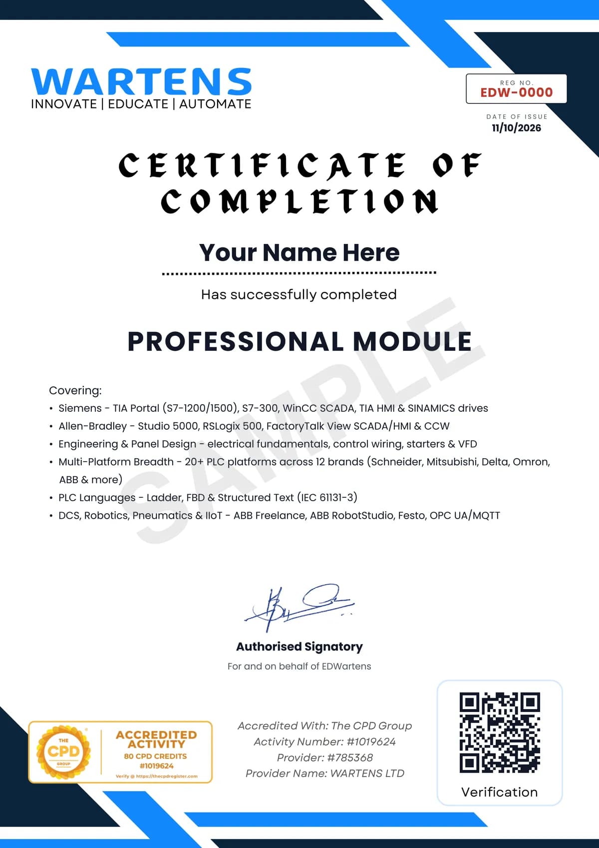 Sample EDWartens Certificate of Completion for AI for Procurement and Supply Chain