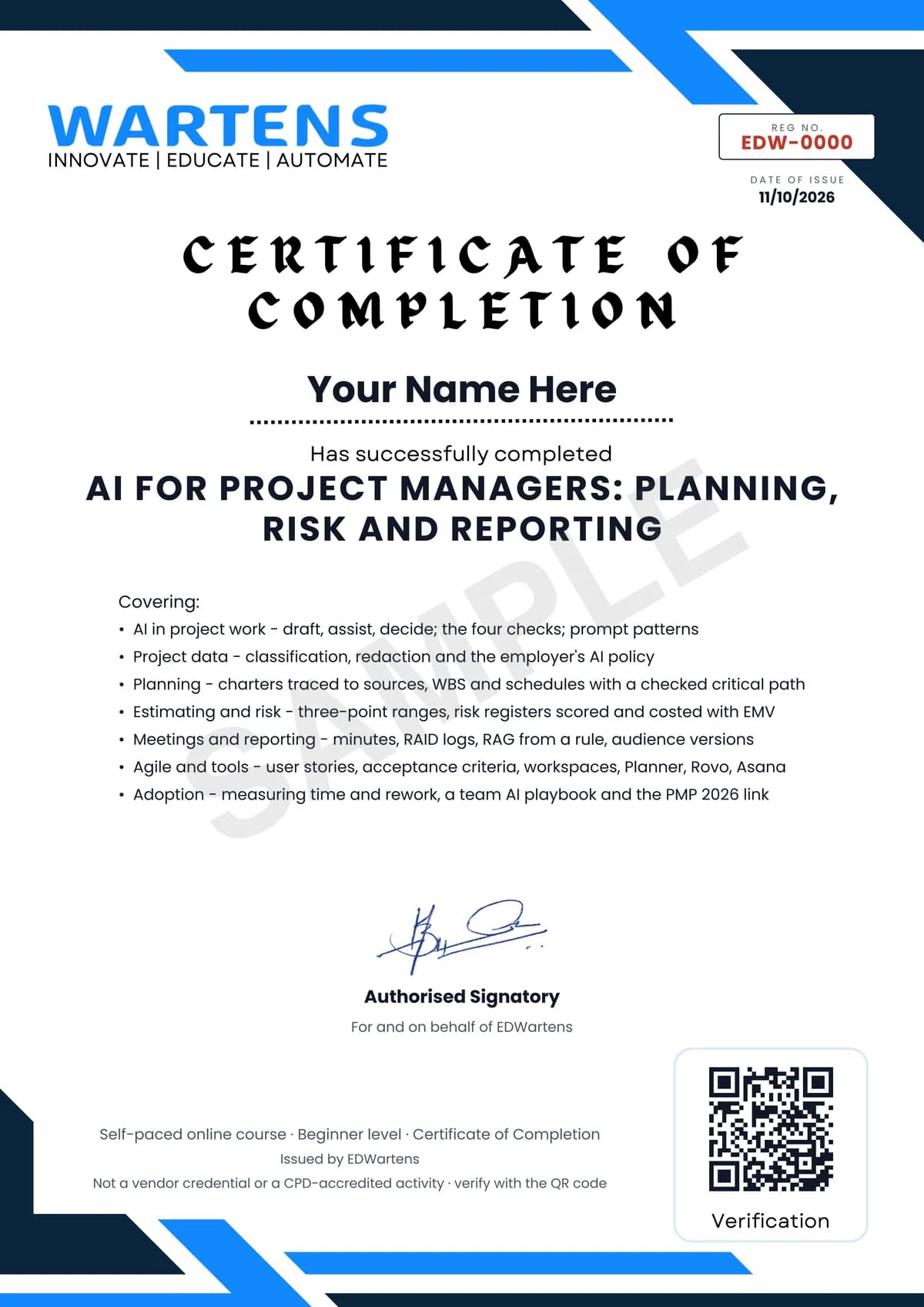 Sample EDWartens Certificate of Completion for AI for Project Managers: Planning, Risk and Reporting