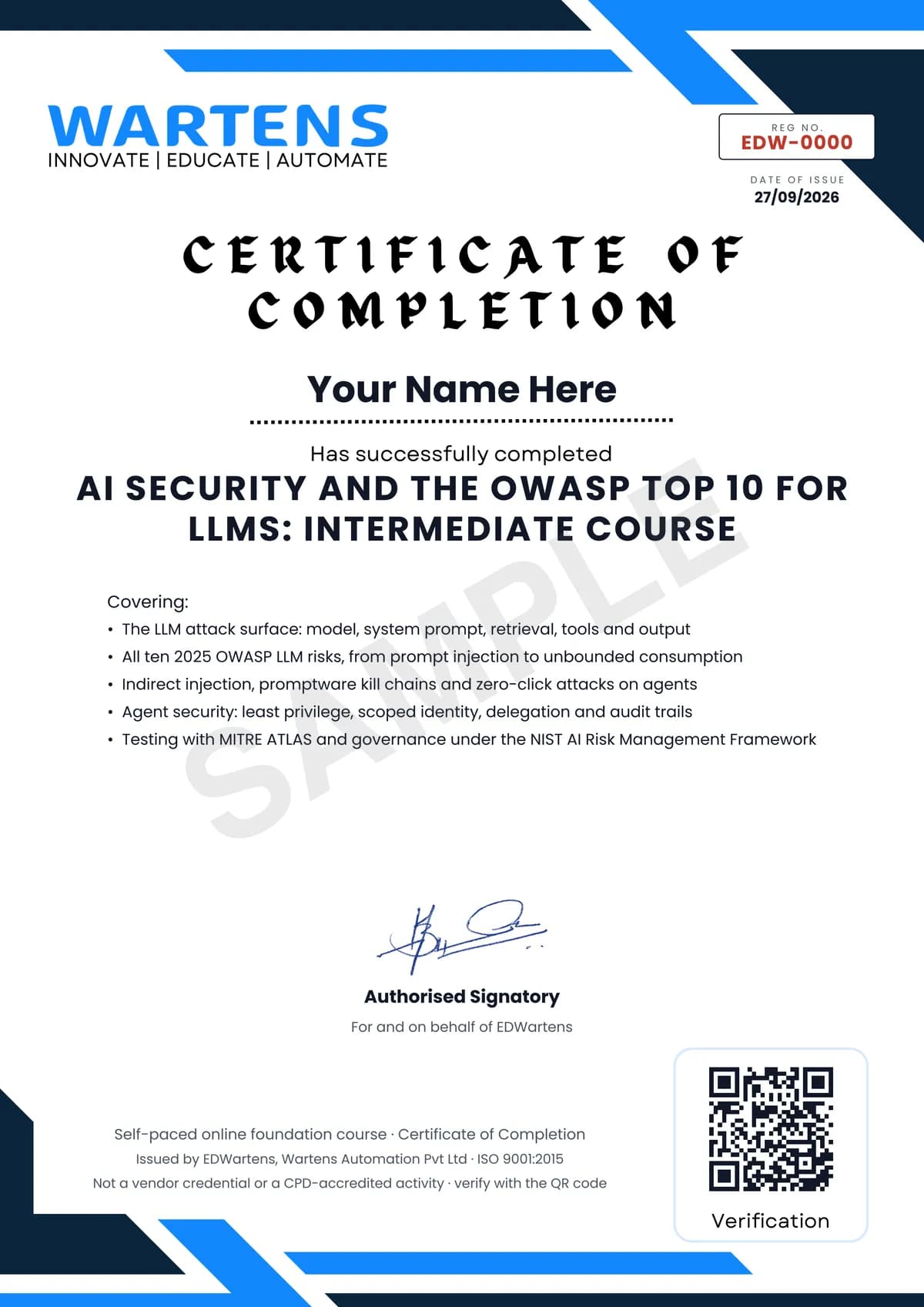 Sample EDWartens Certificate of Completion for AI Security and the OWASP Top 10 for LLMs