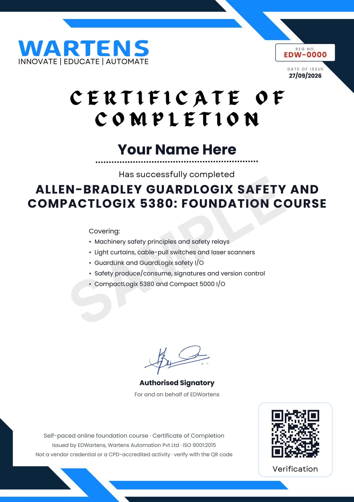 Sample EDWartens Certificate of Completion for Allen-Bradley GuardLogix Safety and CompactLogix 5380
