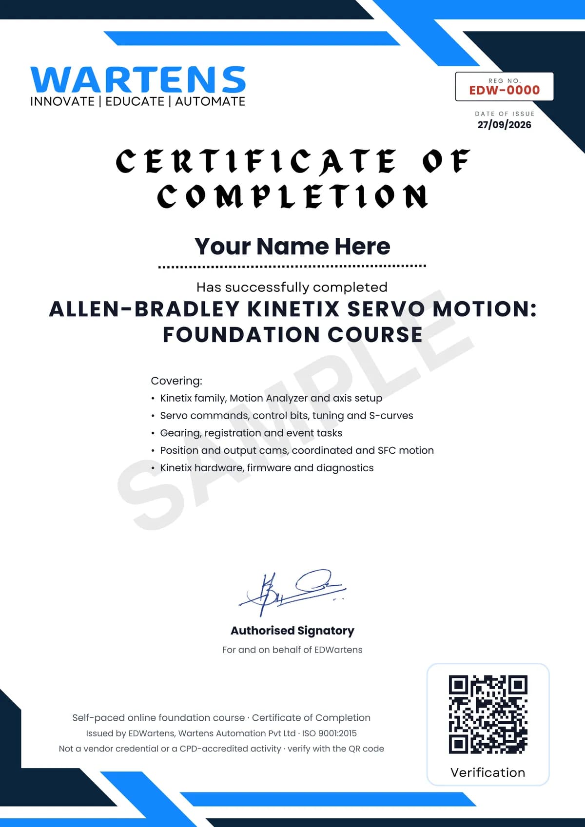 Sample EDWartens Certificate of Completion for Allen-Bradley Kinetix Servo Motion with Studio 5000