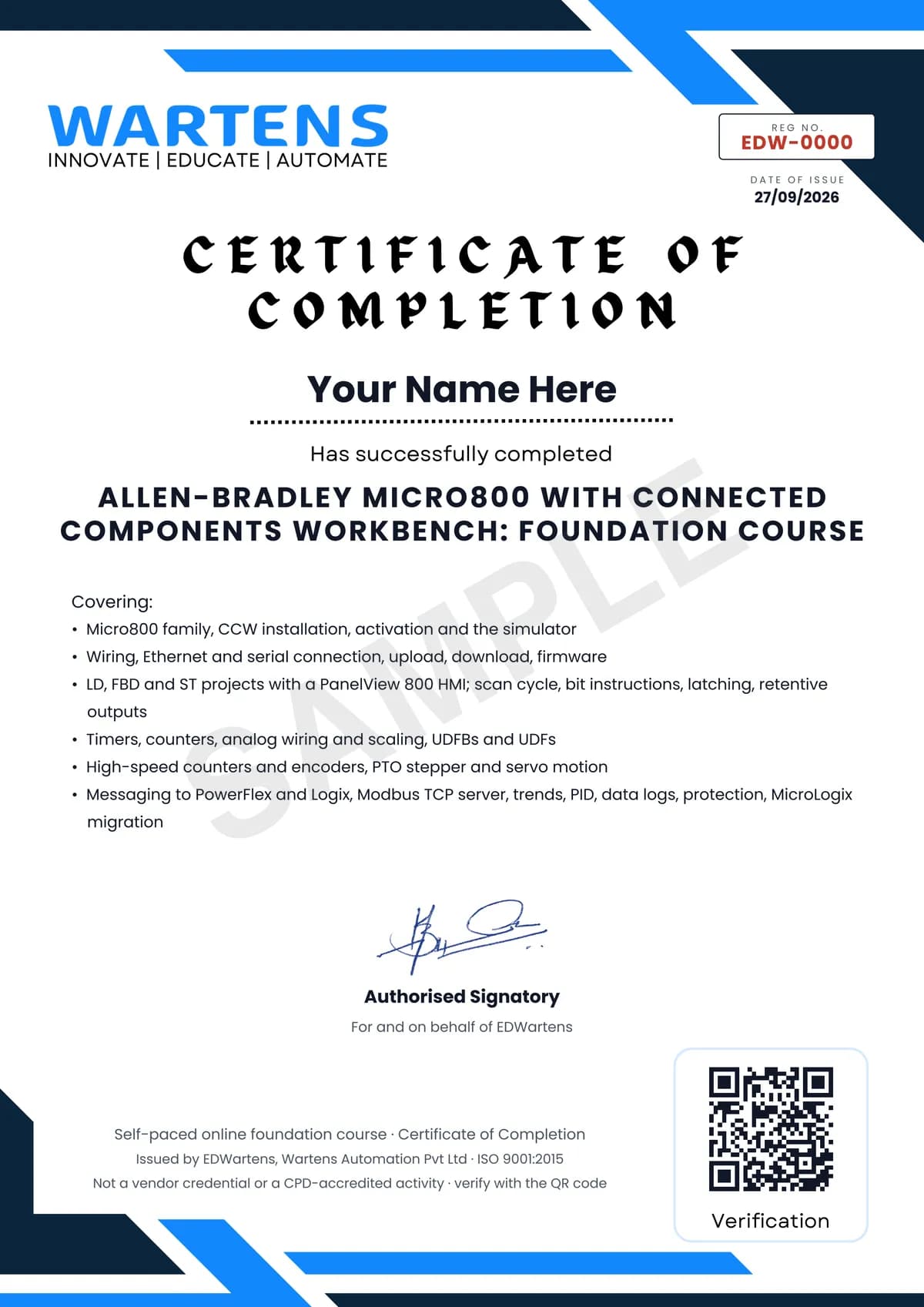 Sample EDWartens Certificate of Completion for Allen-Bradley Micro800 with Connected Components Workbench
