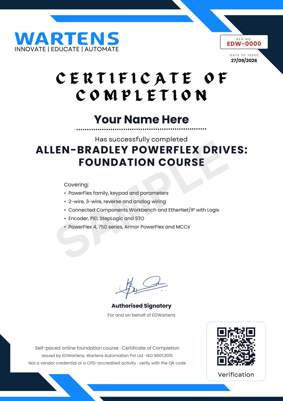 Sample EDWartens Certificate of Completion for Allen-Bradley PowerFlex Drives