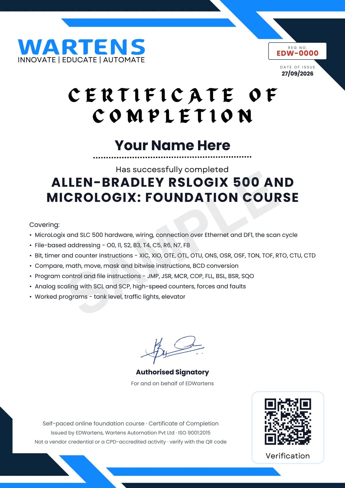Sample EDWartens Certificate of Completion for Allen-Bradley RSLogix 500 and MicroLogix