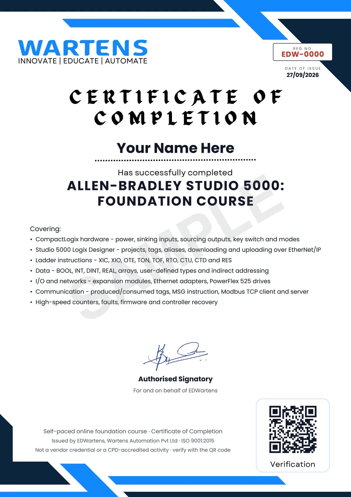 Sample EDWartens Certificate of Completion for Allen-Bradley Studio 5000