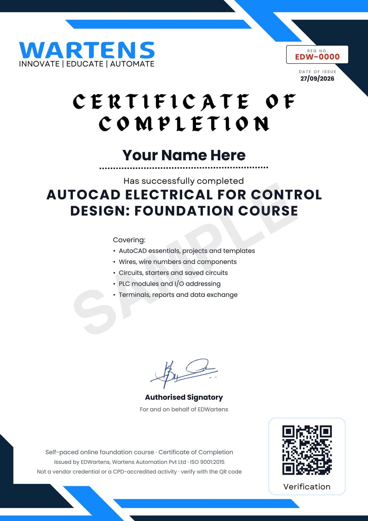 Sample EDWartens Certificate of Completion for AutoCAD Electrical for Control Design