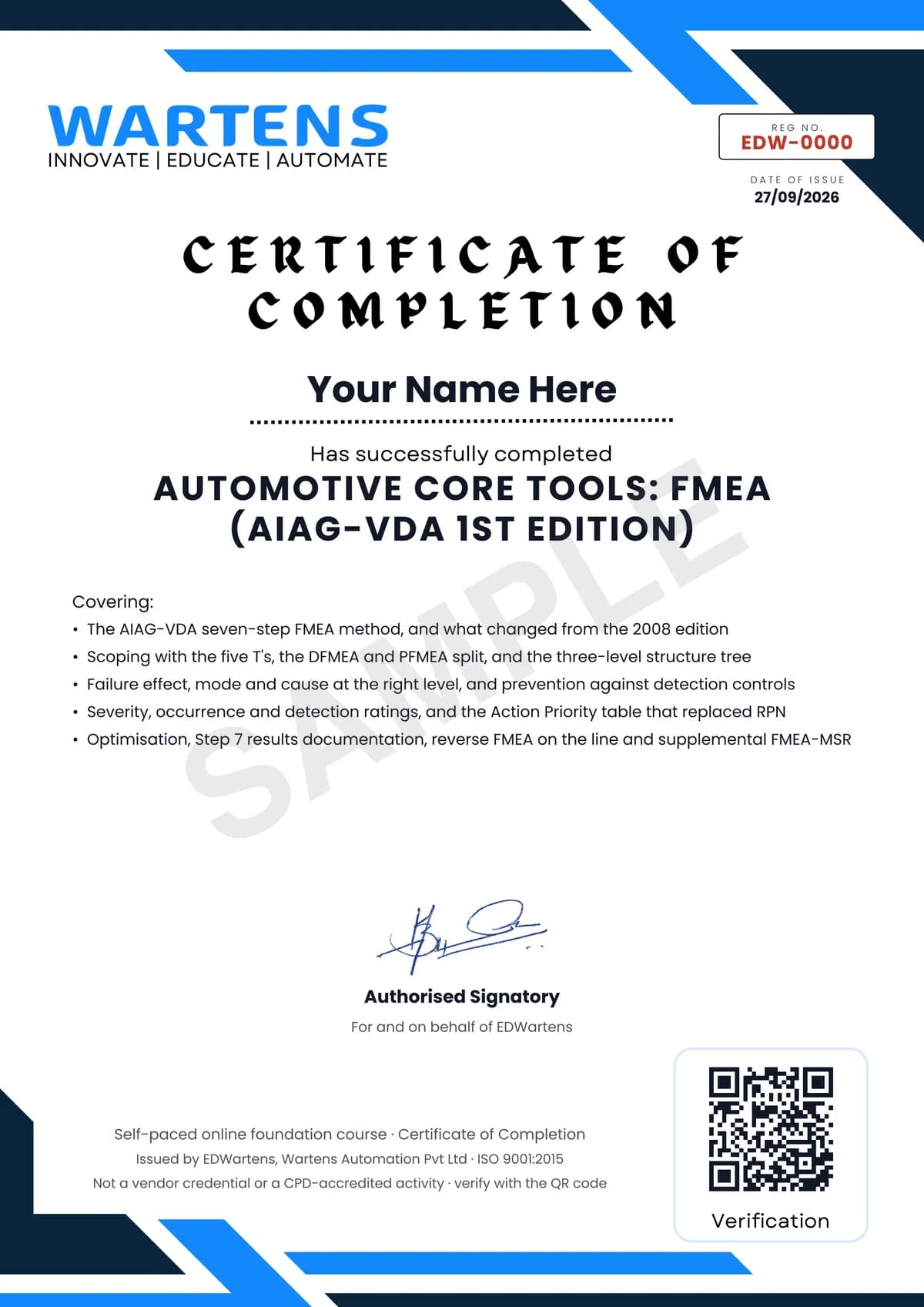Sample EDWartens Certificate of Completion for Automotive Core Tools: FMEA (AIAG-VDA 1st Edition)