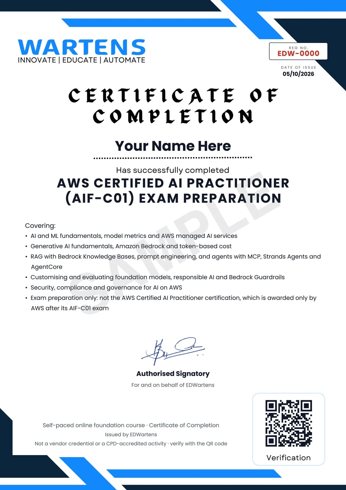 Sample EDWartens Certificate of Completion for AWS Certified AI Practitioner (AIF-C01) Exam Preparation