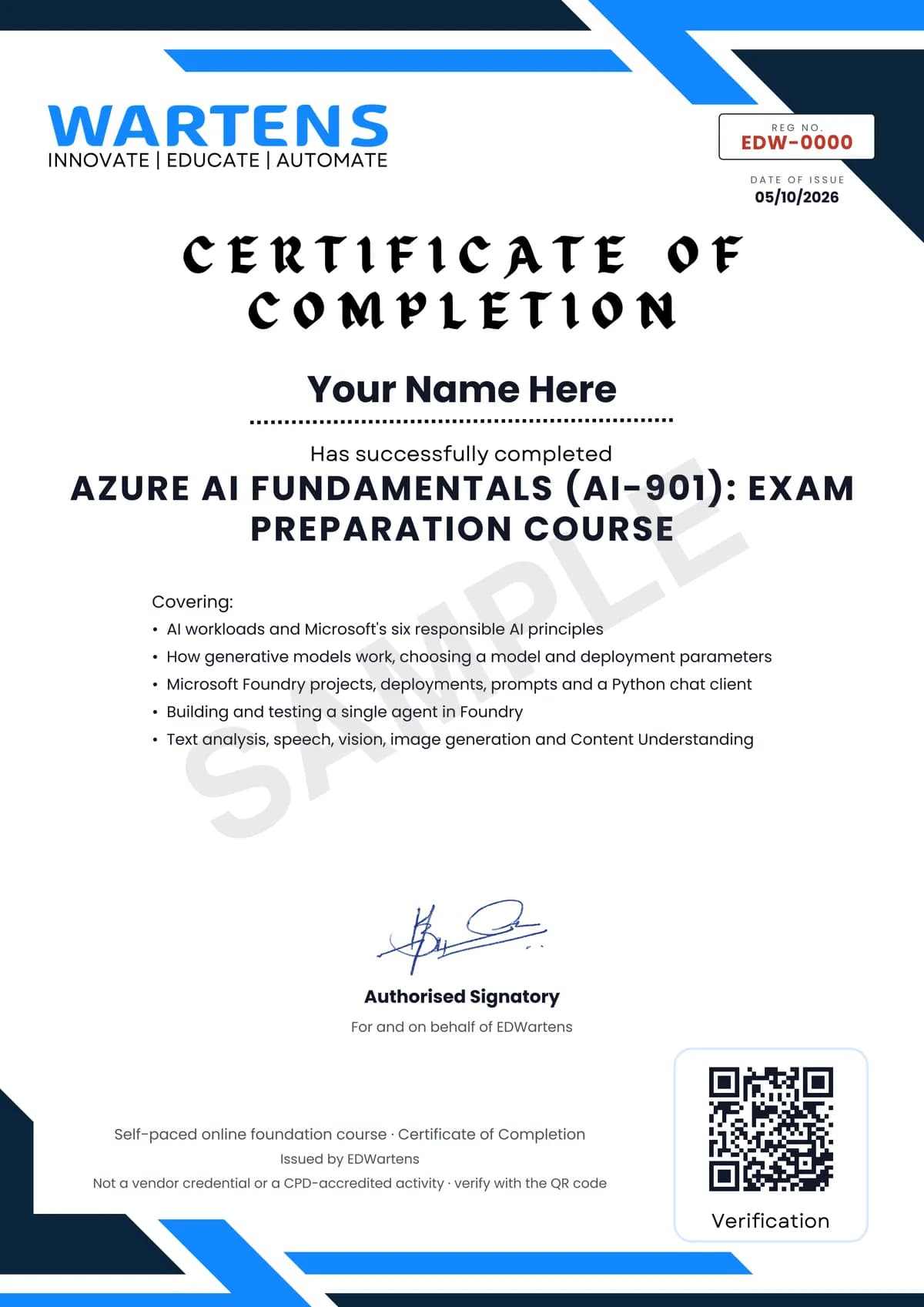 Sample EDWartens Certificate of Completion for Microsoft Azure AI Fundamentals (AI-901) Exam Preparation