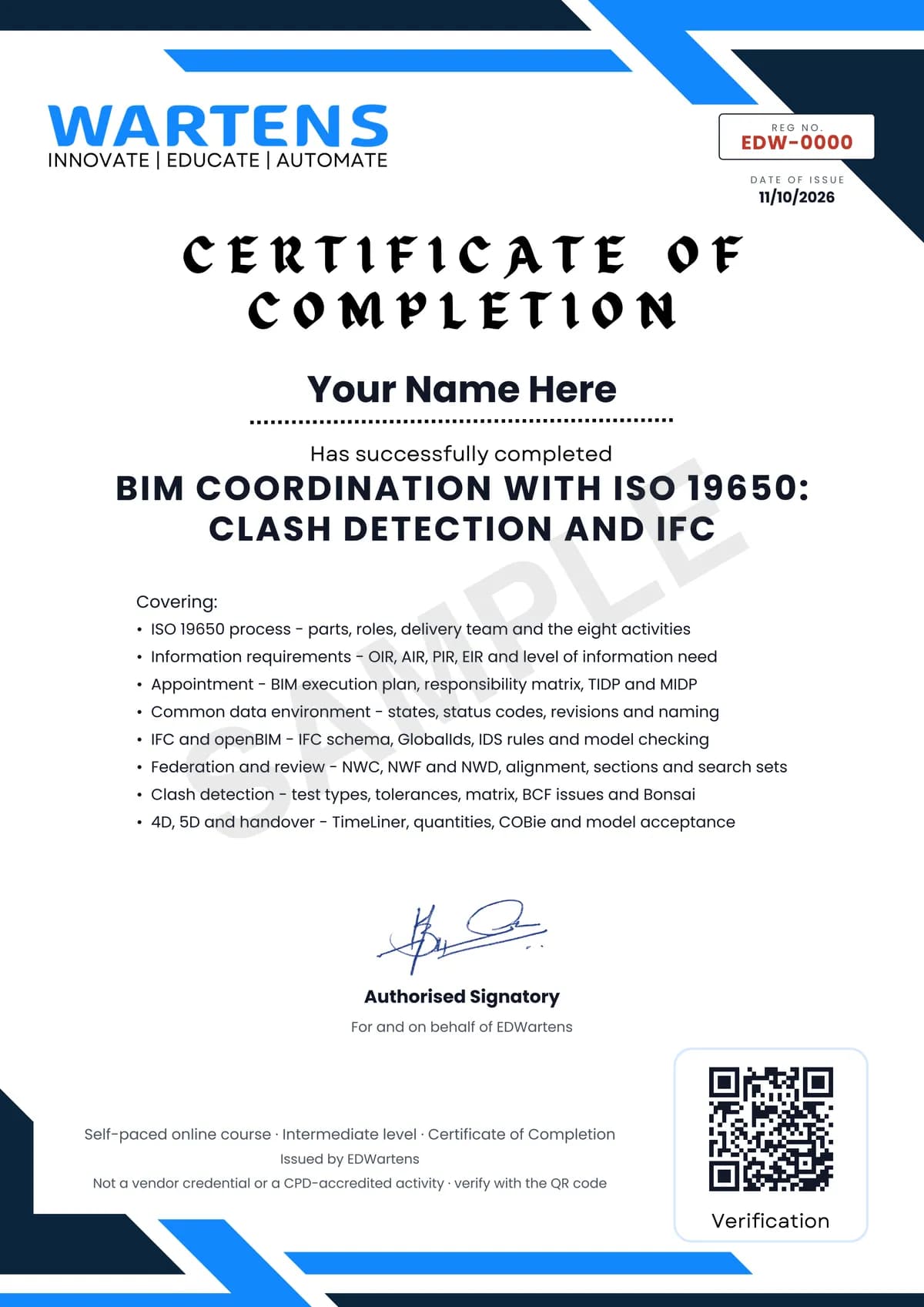 Sample EDWartens Certificate of Completion for BIM Coordination with ISO 19650: Clash Detection and IFC