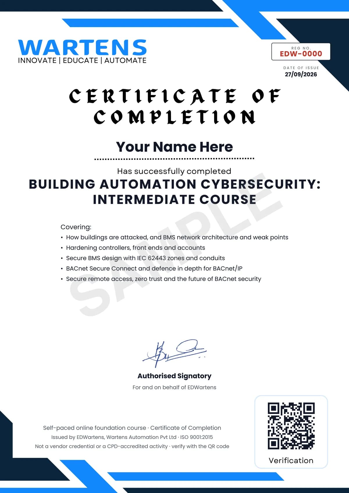 Sample EDWartens Certificate of Completion for Cybersecurity for Building Automation: BMS and BACnet