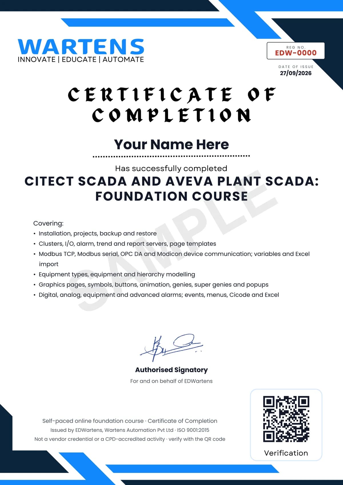 Sample EDWartens Certificate of Completion for Citect SCADA and AVEVA Plant SCADA