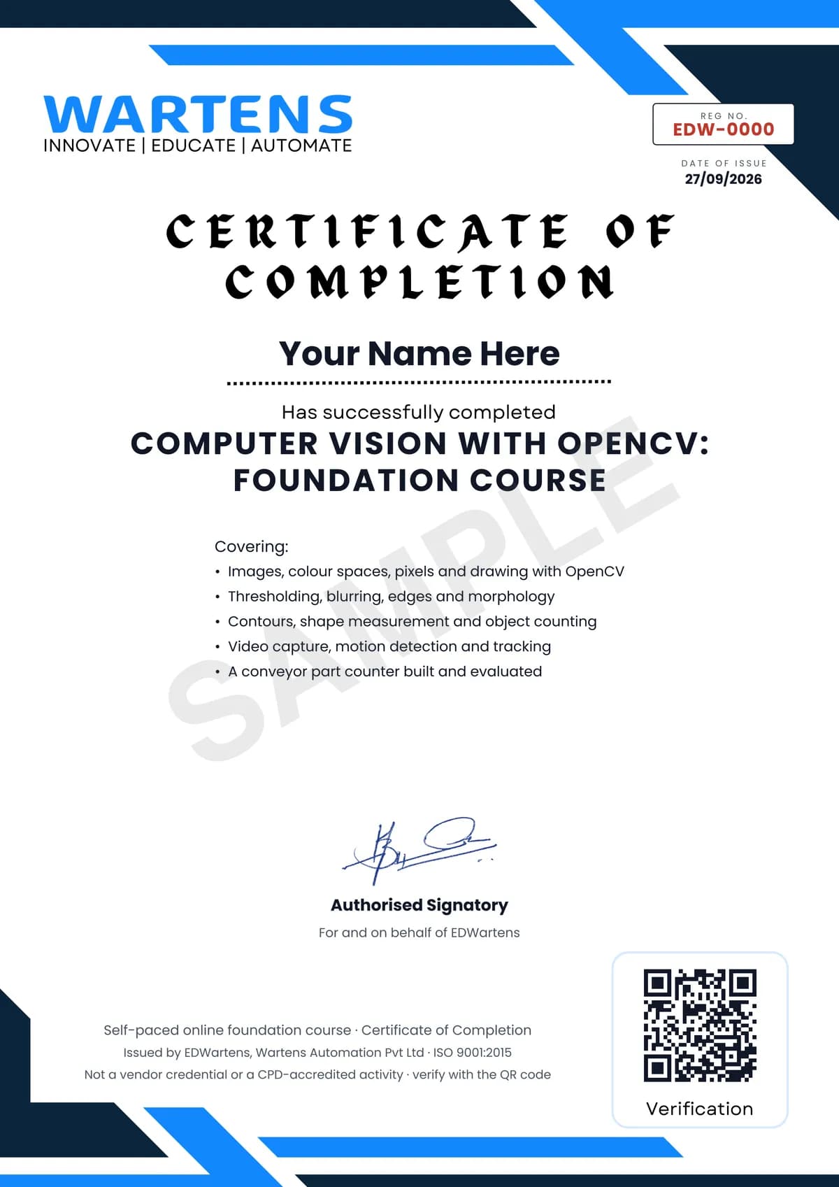 Sample EDWartens Certificate of Completion for Computer Vision with OpenCV