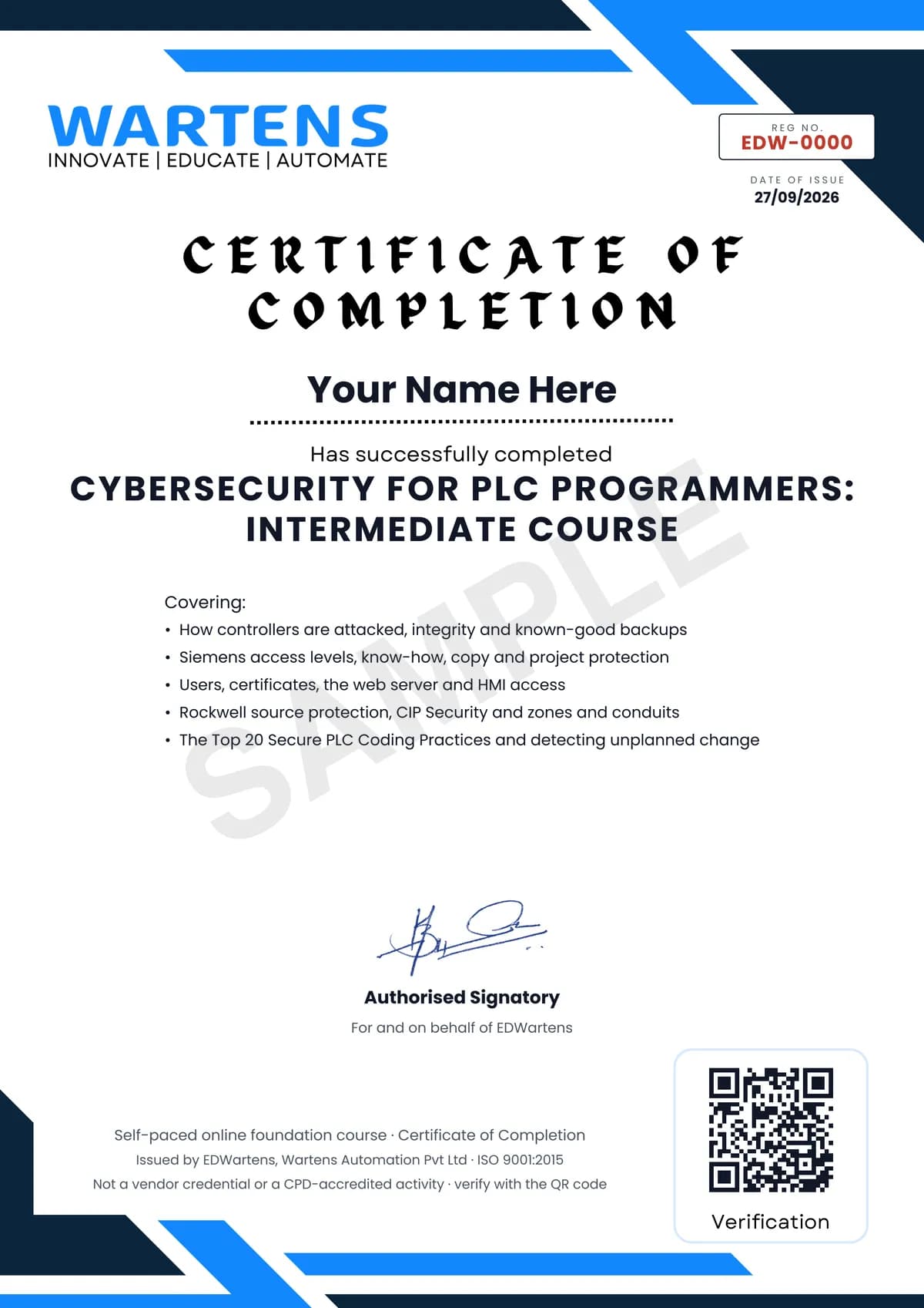 Sample EDWartens Certificate of Completion for Cybersecurity for PLC Programmers: Hardening Siemens and Rockwell Controllers