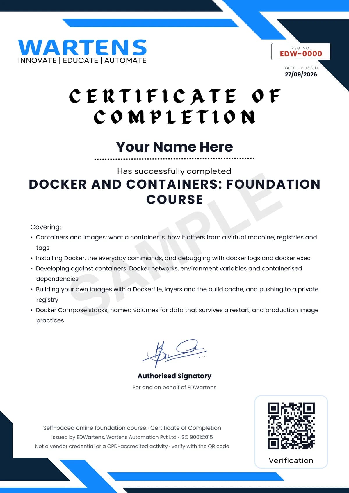 Sample EDWartens Certificate of Completion for Docker and Containers for Automation Engineers