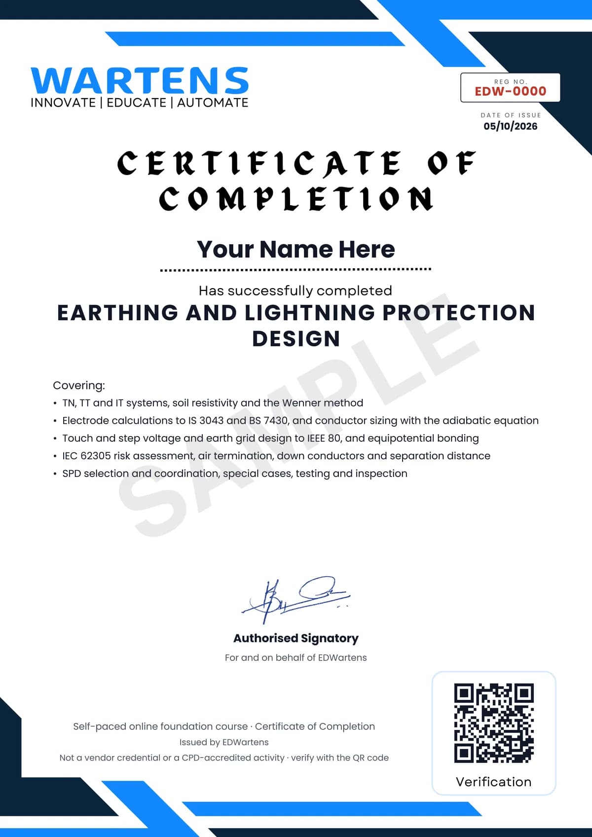 Sample EDWartens Certificate of Completion for Earthing and Lightning Protection Design